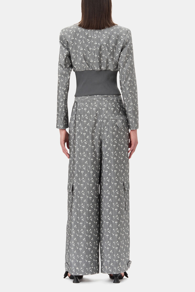 Grey Jacquard Cropped Blazer, Acetate, in colour Smoked Pearl - 4 - GANNI