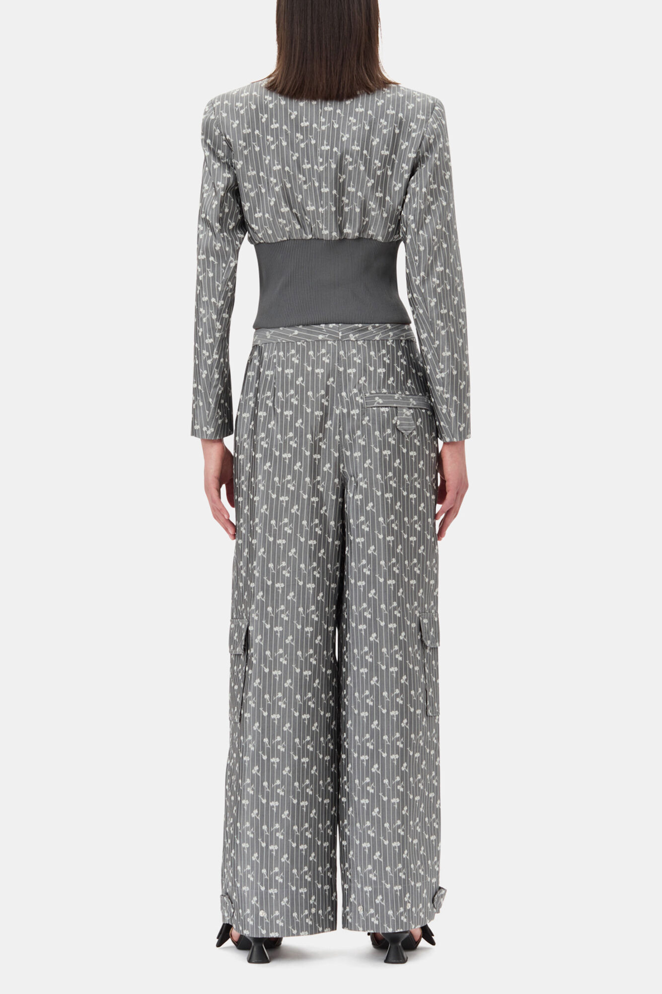 Grey Jacquard Cropped Blazer, Acetate, in colour Smoked Pearl - 4 - GANNI