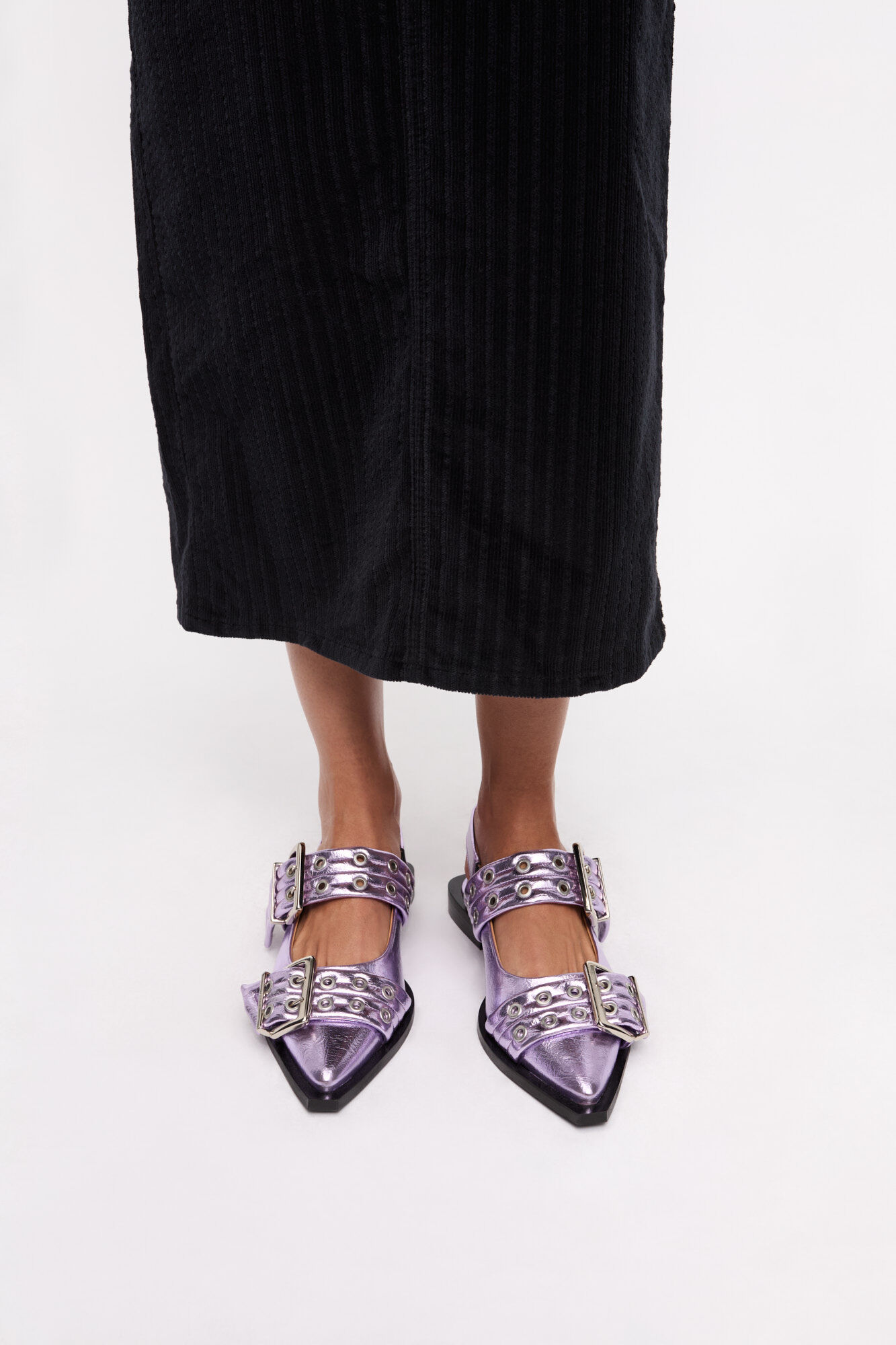 Pink Metallic Feminine Buckle Ballerinas, Recycled Leather, in colour Pink Lavender - 1 - GANNI