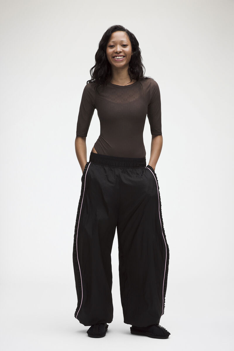 Jacquard Mesh Half-Sleeve Bodysuit, Recycled Polyamide, in colour Espresso - 2 - GANNI