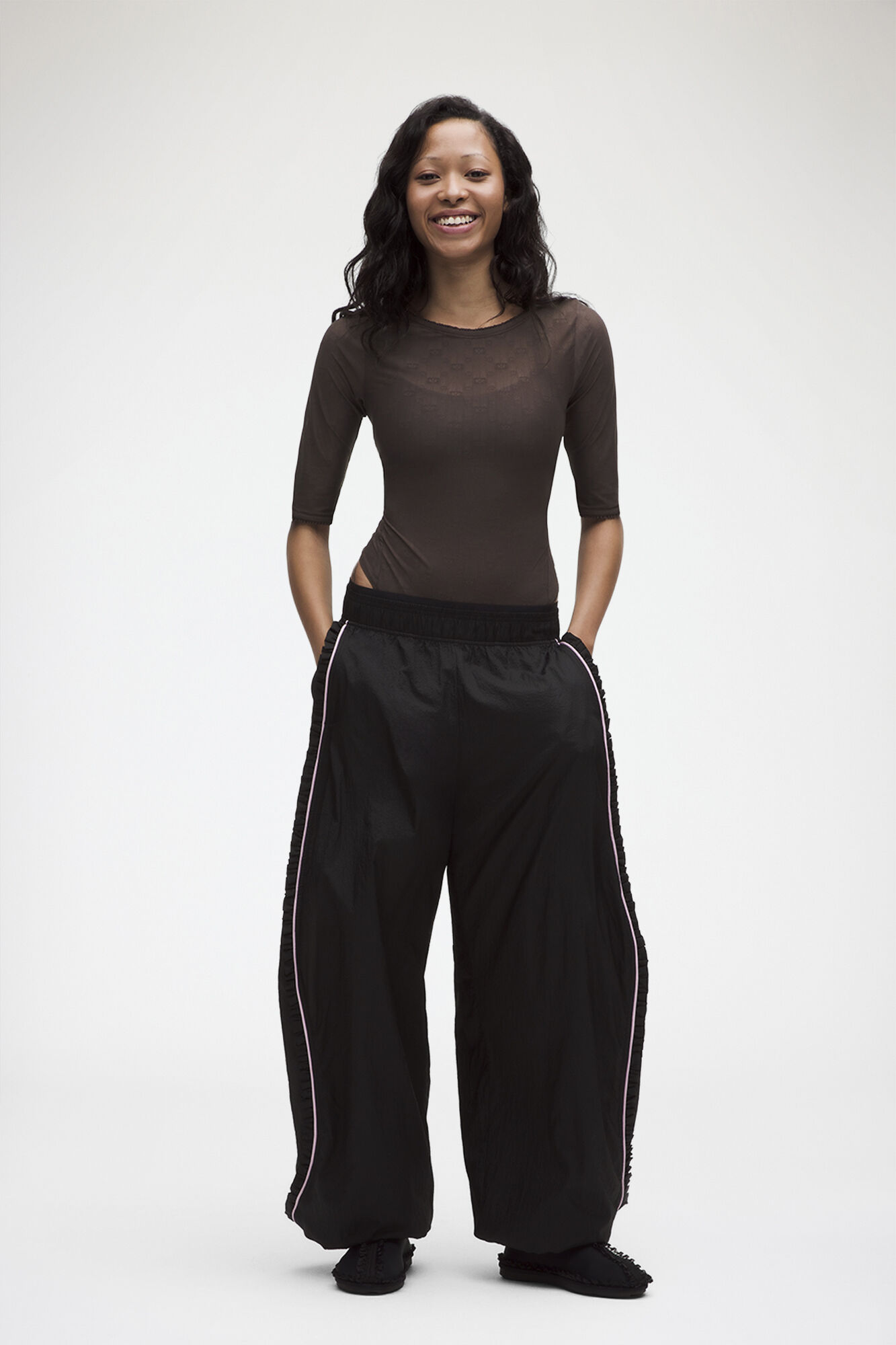 Jacquard Mesh Half-Sleeve Bodysuit, Recycled Polyamide, in colour Espresso - 2 - GANNI