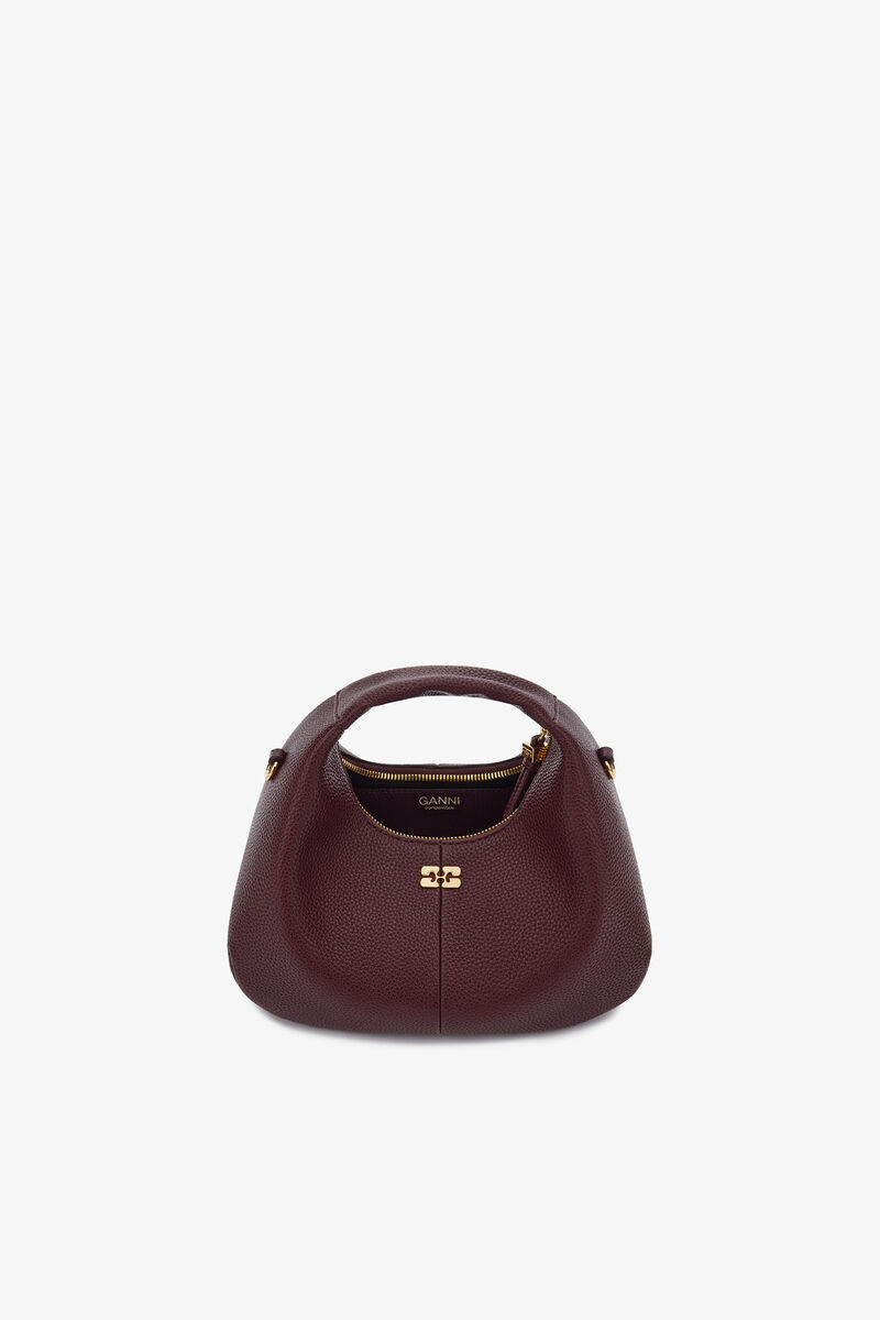 Mini Hobo Bag in Grained Burgundy, Polyurethane, in colour Port Royale - 3 - GANNI