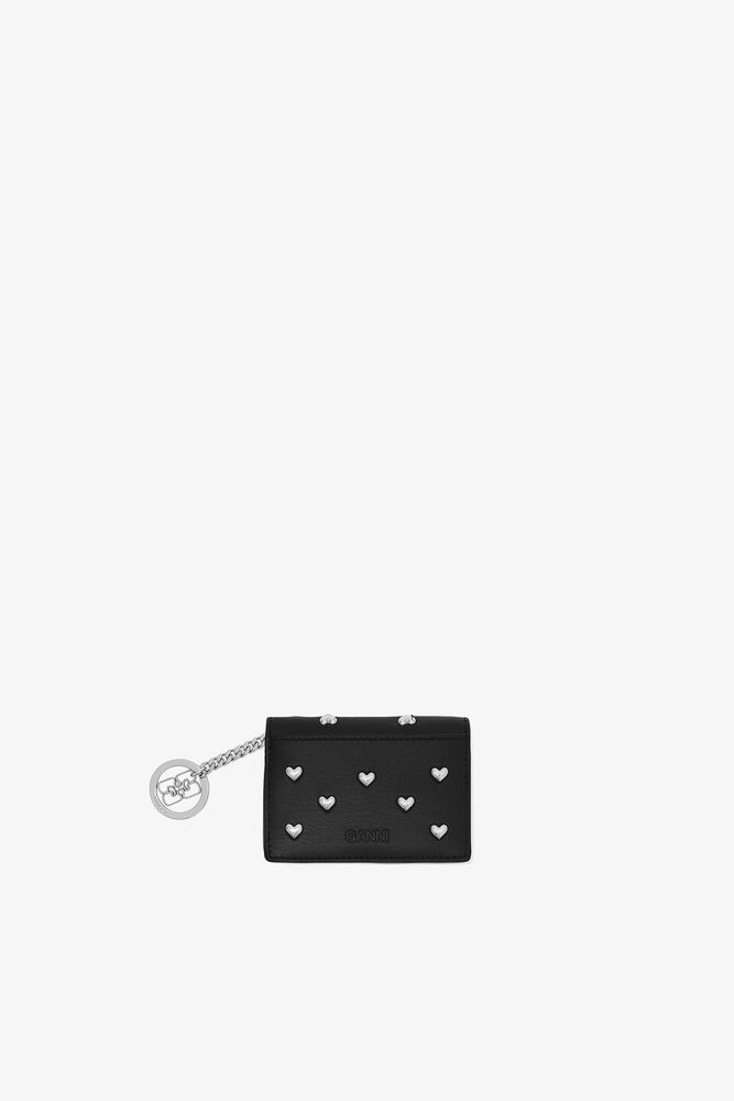 Bou Card Holder with Flap and Heart Studs in Black, Black