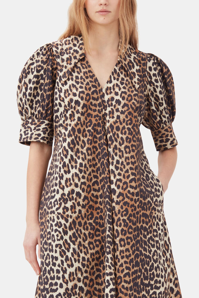 Leopard Cotton Poplin V-neck Maxi Dress, Leopard