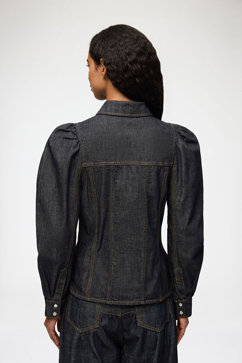 Shirt in Textured Slub Denim, Recycled Cotton, in colour Rinse - 3 - GANNI