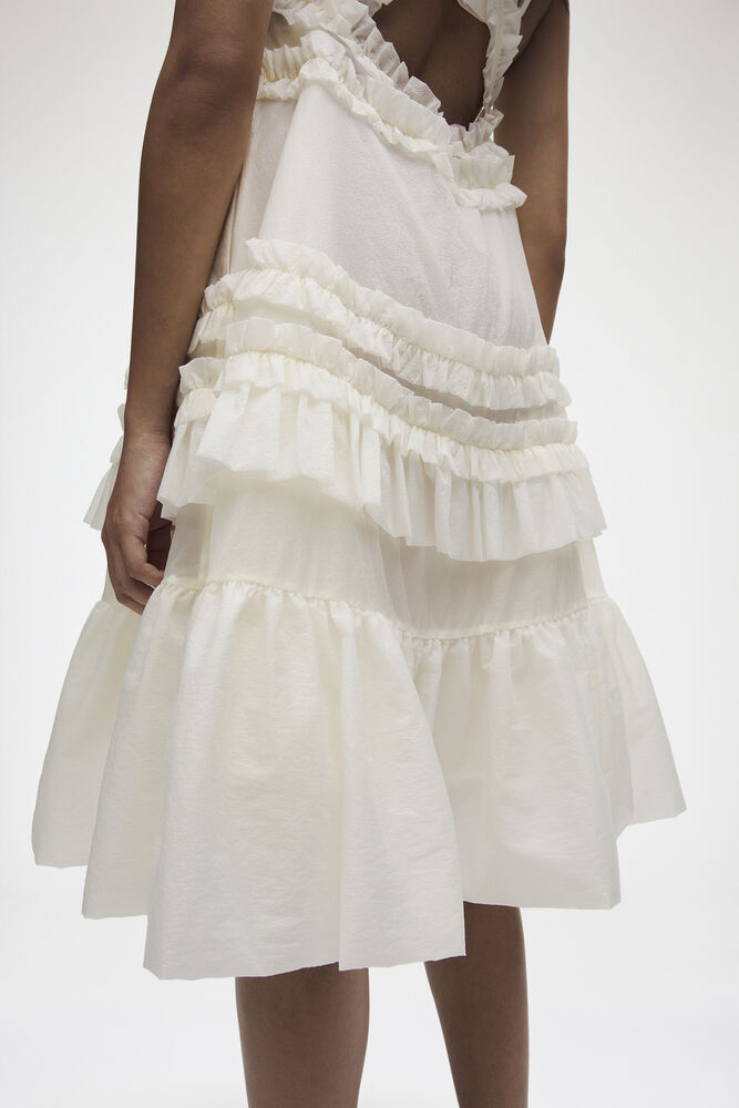 Ruffle-Trim Textured Midi Dress, Coconut Ivory