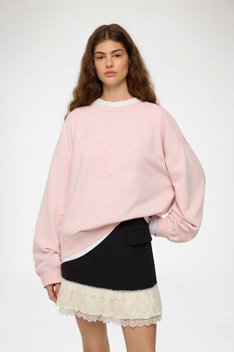 Sweatshirt with Pink Heart, Organic Cotton, in colour Chalk Pink - 1 - GANNI