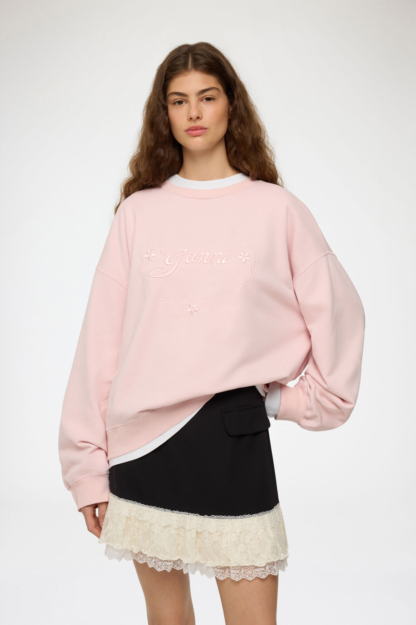 Sweatshirt with Pink Heart, Organic Cotton, in colour Chalk Pink - 1 - GANNI