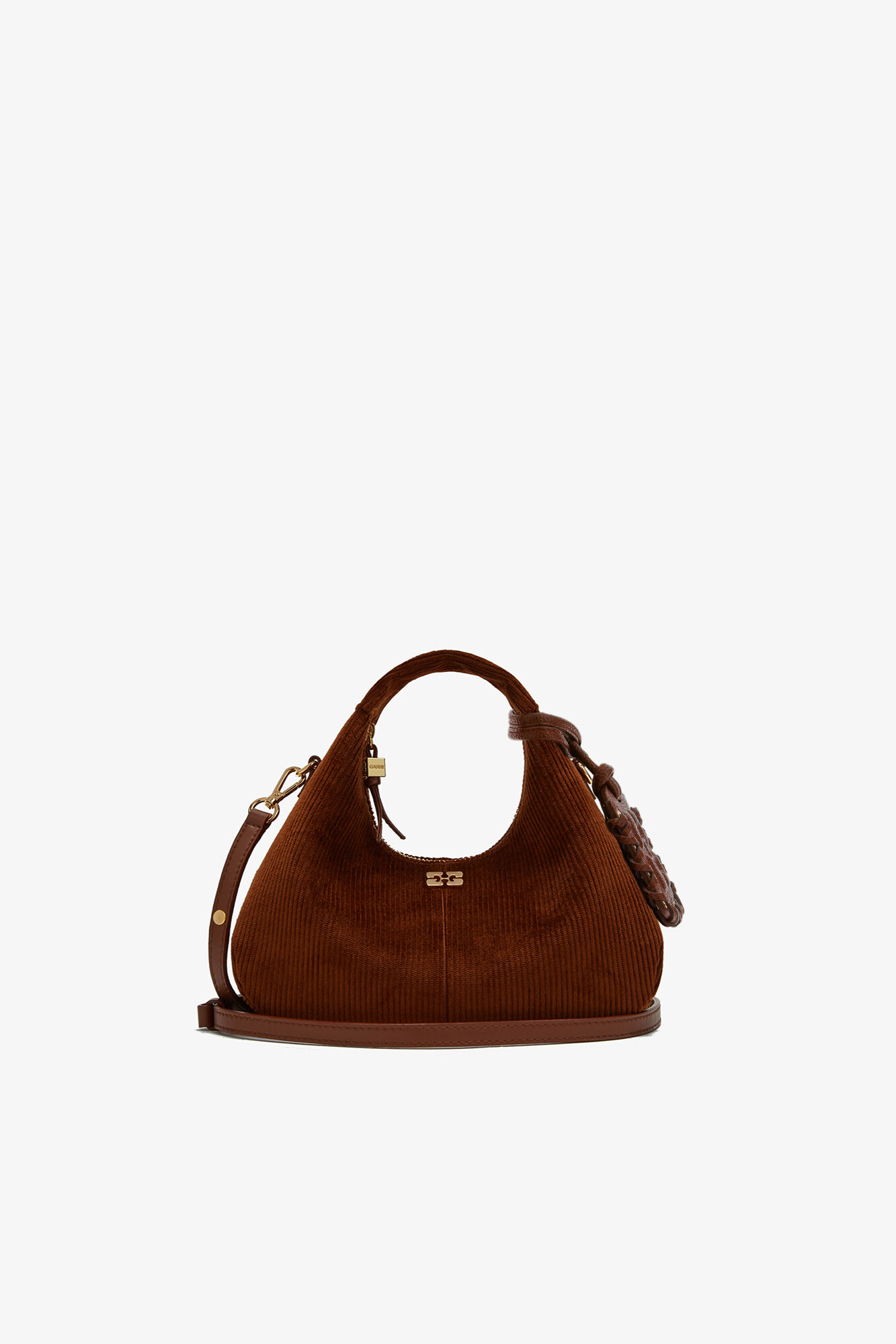 Mini Hobo Bag in Brown Corduroy, Organic Cotton, in colour Tortoise Shell - 1 - GANNI