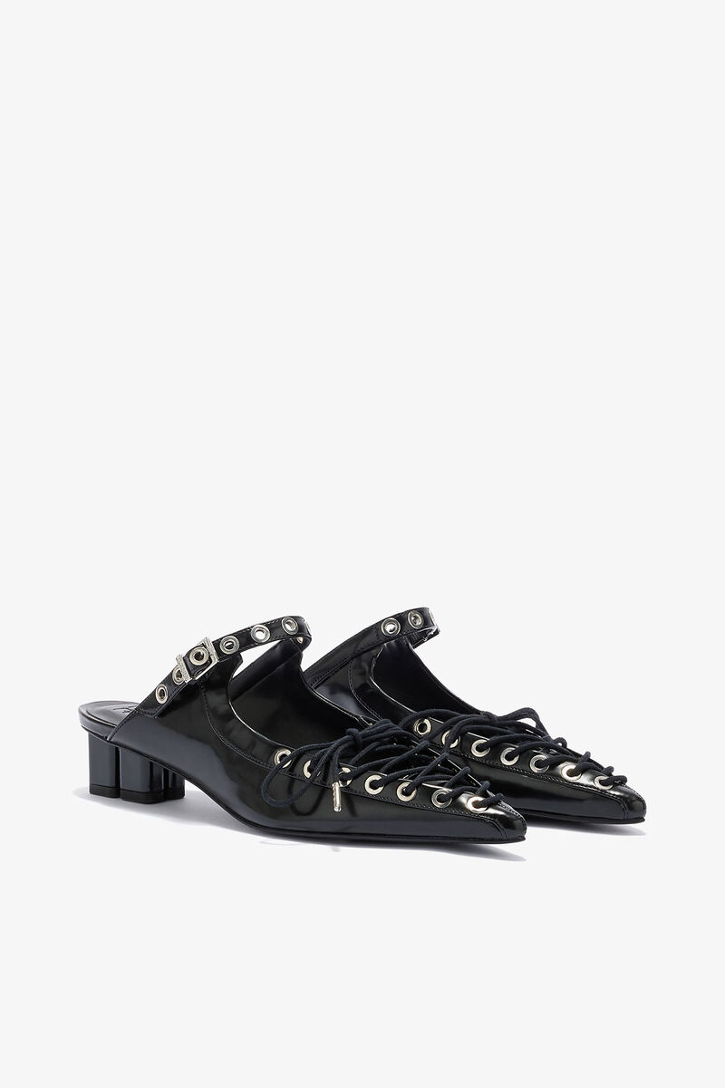 Lace-Up Mules in Black Oleatex, Recycled Polyester, in colour Black - 2 - GANNI