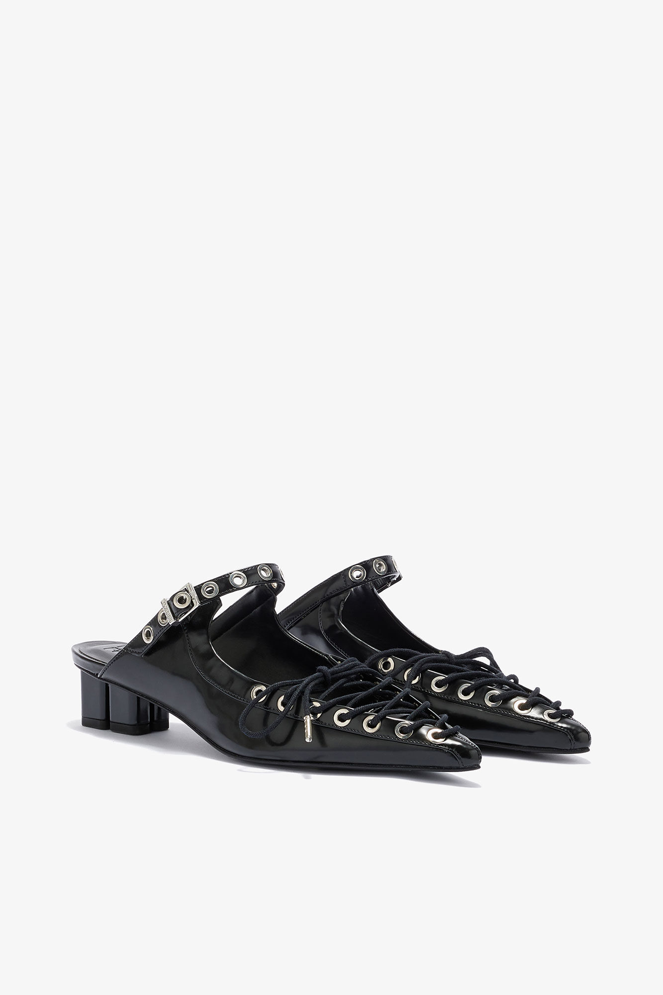 Lace-Up Mules in Black Oleatex, Recycled Polyester, in colour Black - 2 - GANNI