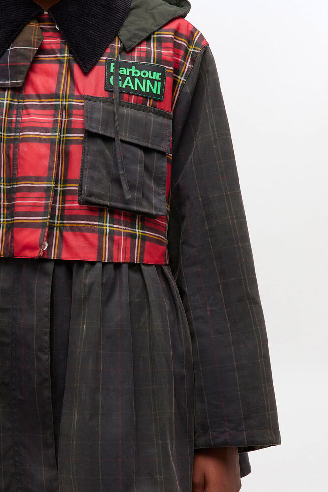 Peplum Wax Jacket in Tartan, Dark Green