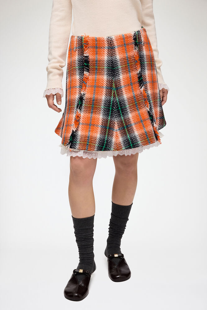 Skirt in Check Wool, Mandarin Orange