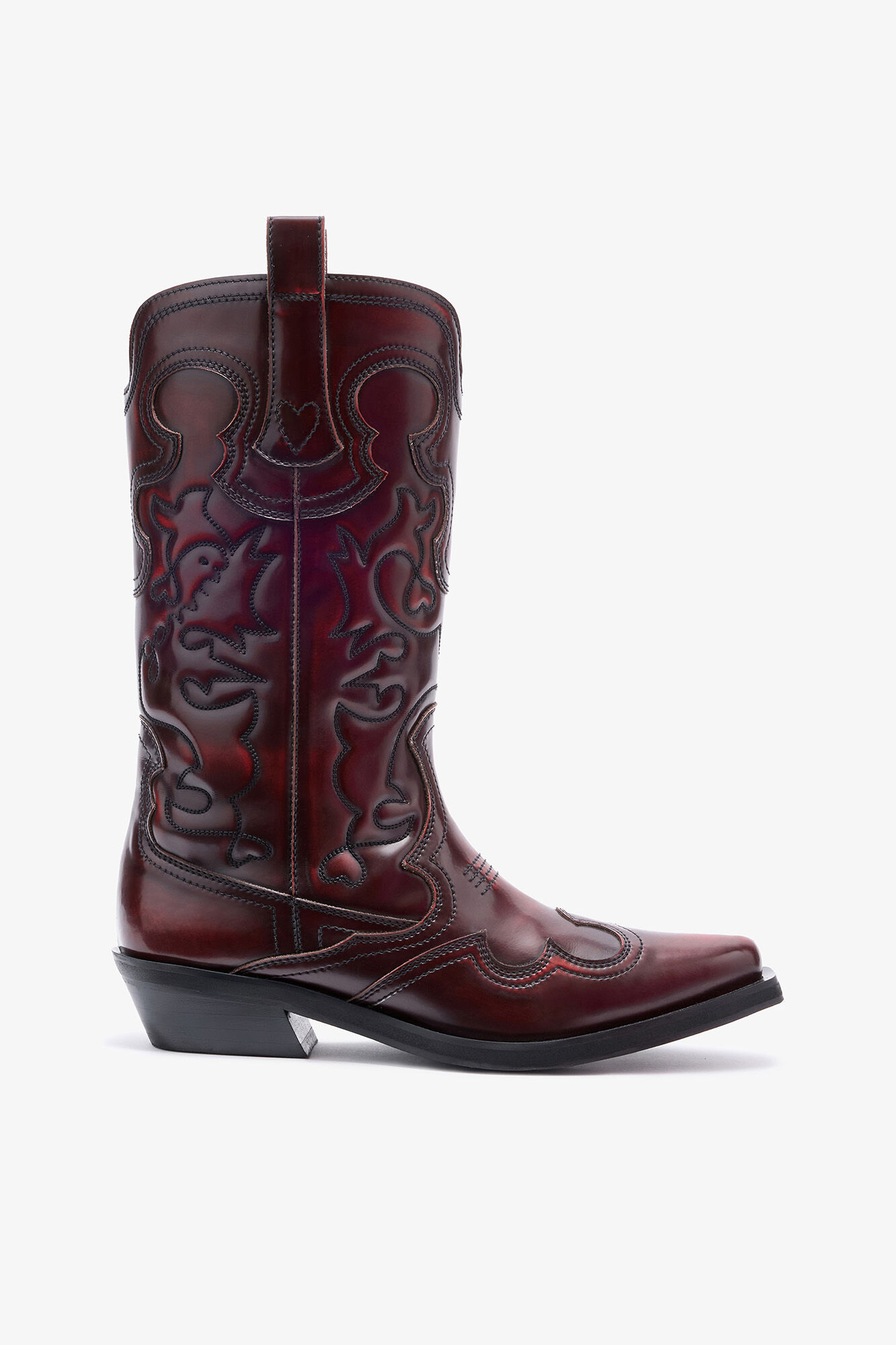 Mid Shaft Embroidered Western Boots in Burgundy, Recycled Leather, in colour Black/Dark Burgundy - 1 - GANNI