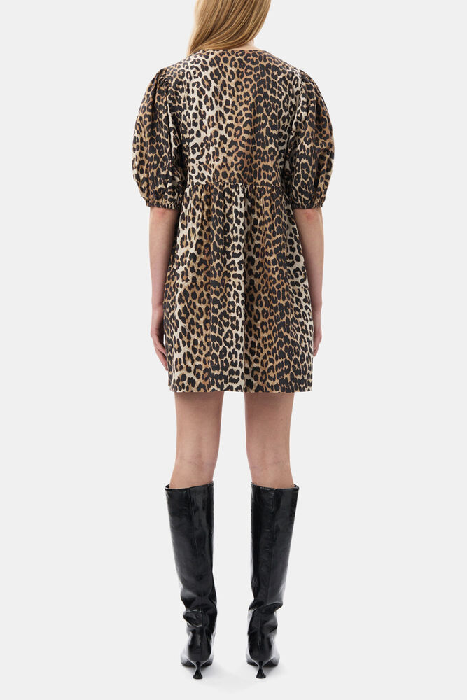 Leopard Printed Cotton Tie String Mini Dress, Leopard