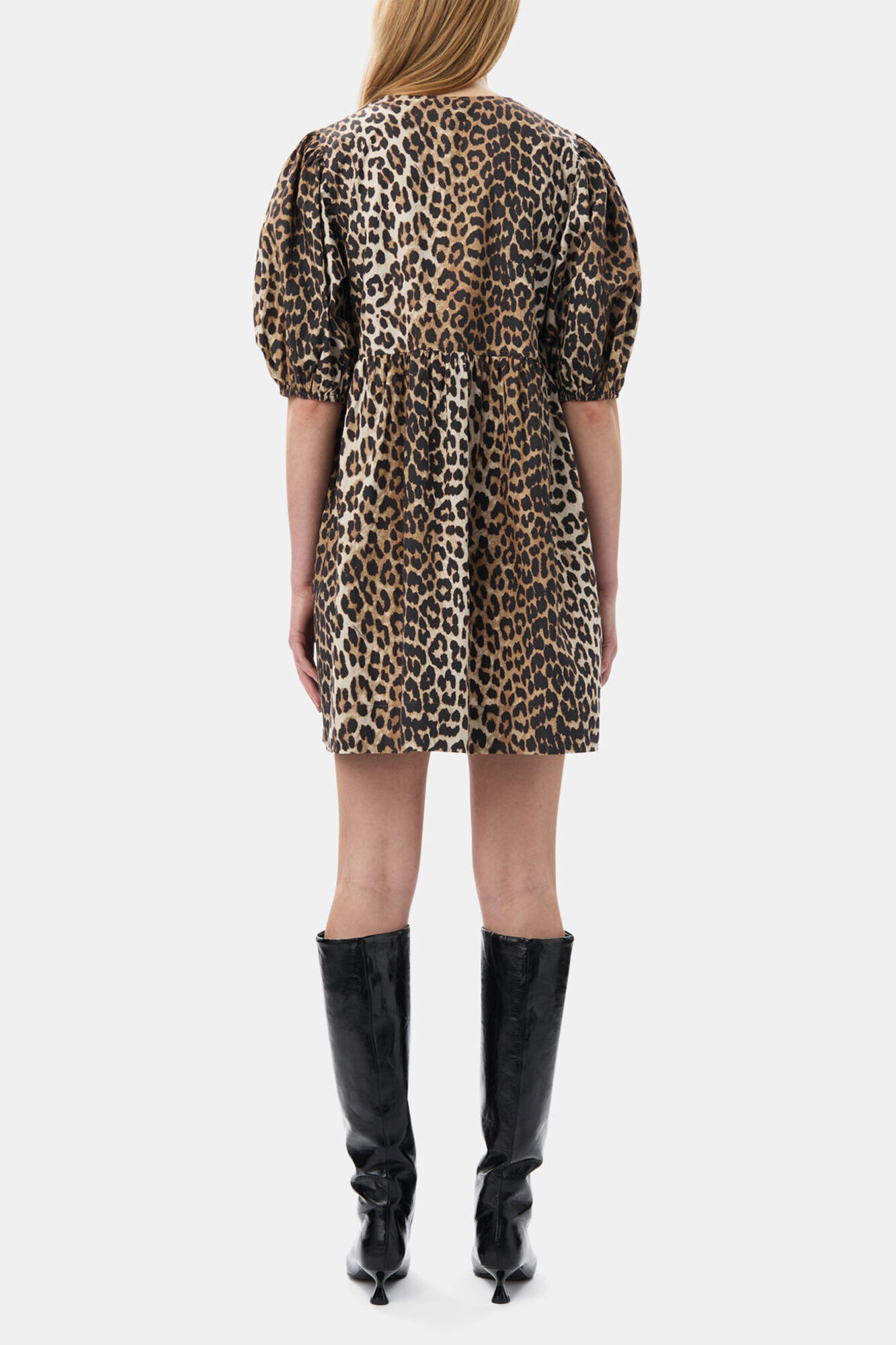 Leopard Printed Cotton Tie String Mini Dress, Organic Cotton, in colour Leopard - 4 - GANNI