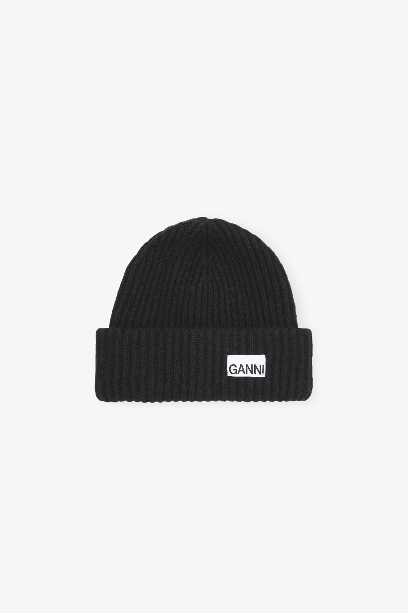 Oversized Beanie in Rib Wool Knit, Wool, in colour Black - 1 - GANNI