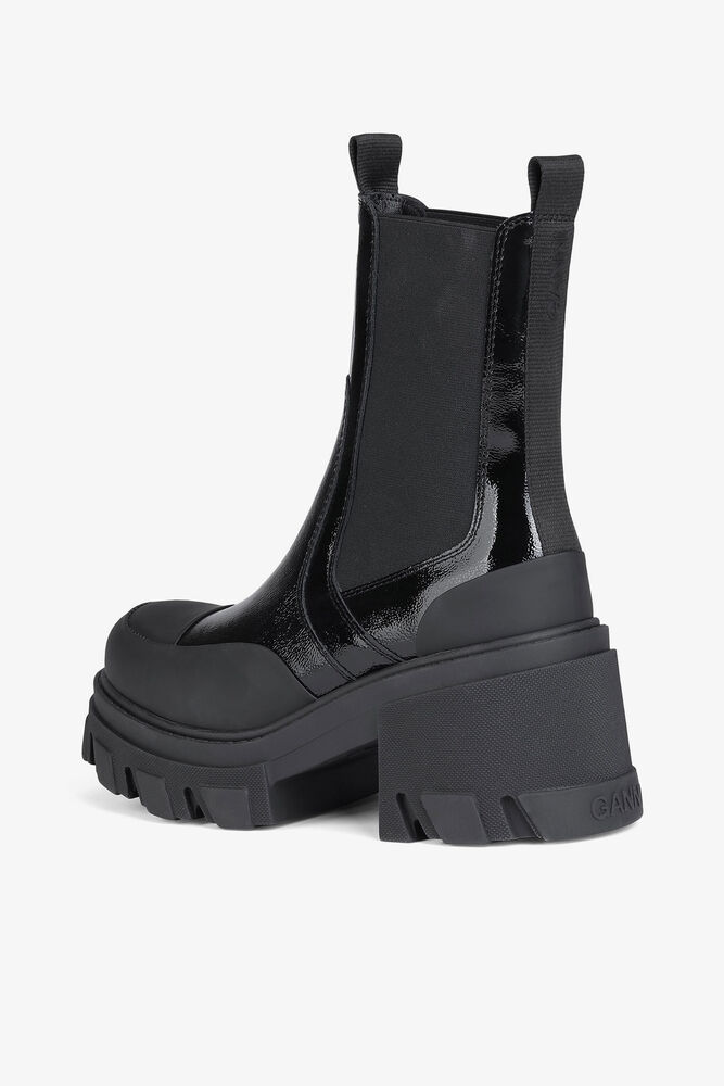 Cleated Heeled Mid Chelsea Boots in Black Naplack, Black
