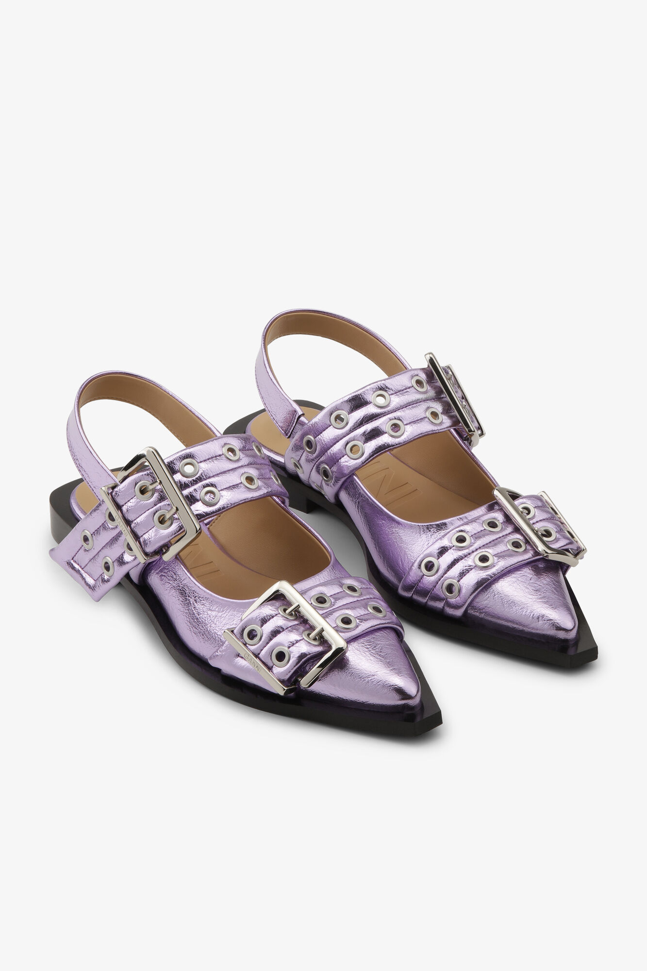Pink Metallic Feminine Buckle Ballerinas, Recycled Leather, in colour Pink Lavender - 2 - GANNI