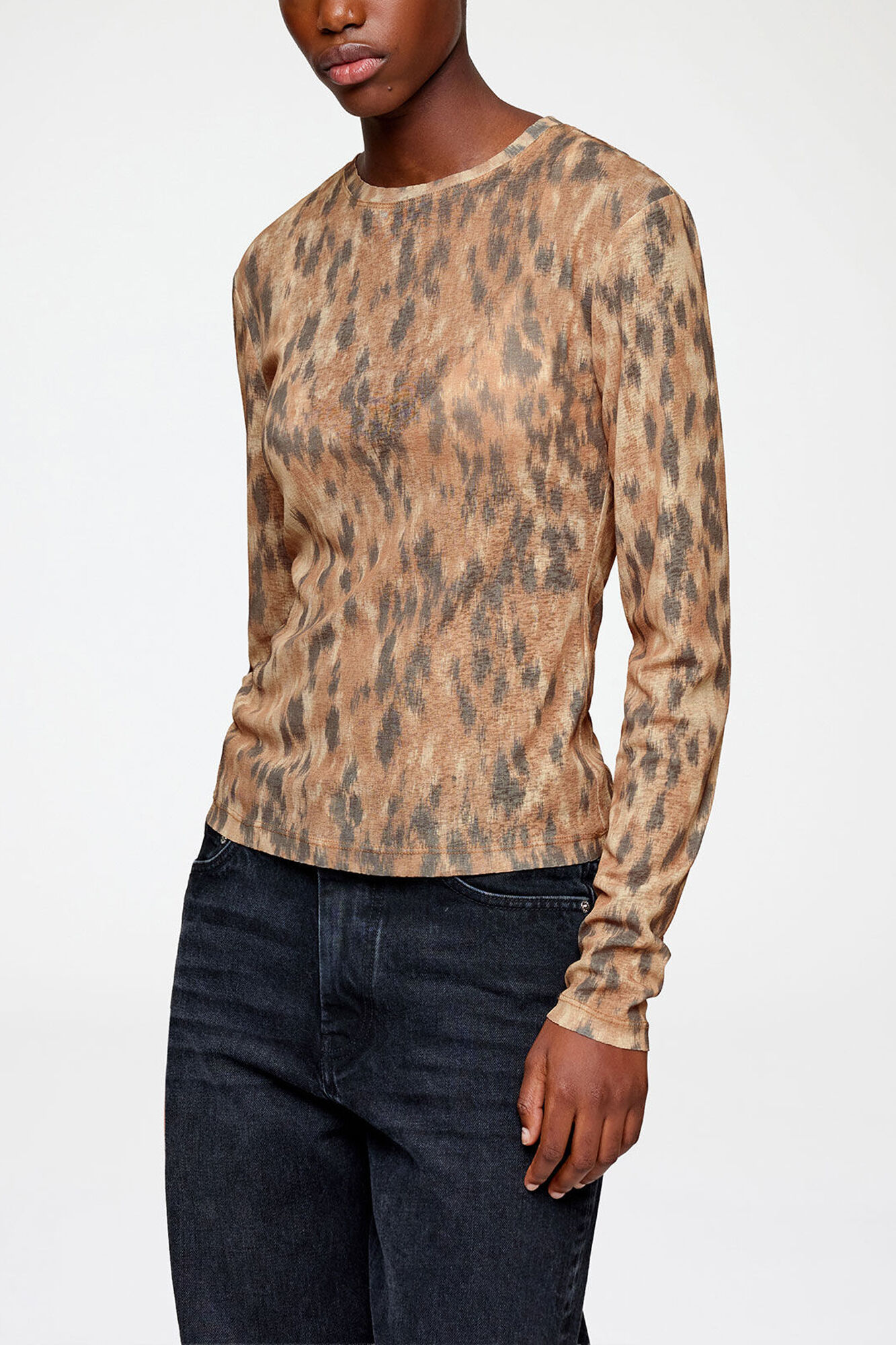 Langarmshirt aus bedrucktem, meliertem Mesh, Recycled Polyester, in colour Burro - 2 - GANNI