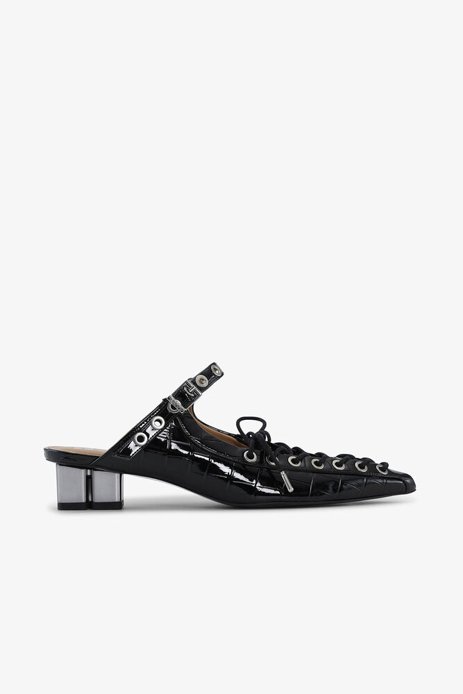 Croc Patent Lace-Up Mules in Black, Black