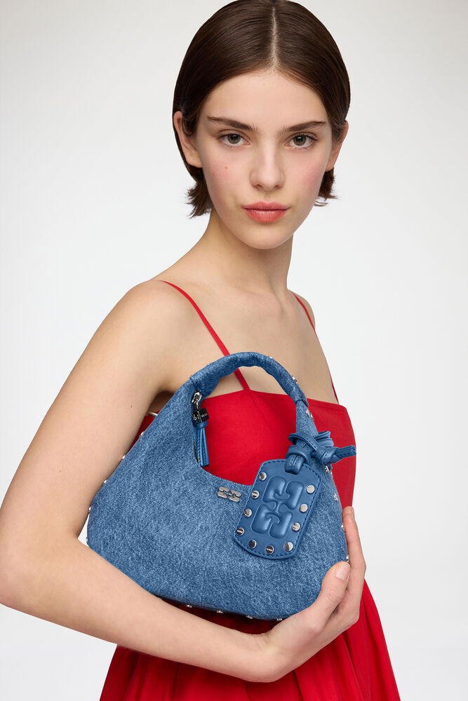Mini Hobo Bag with Studs in Denim, Mid Blue Vintage