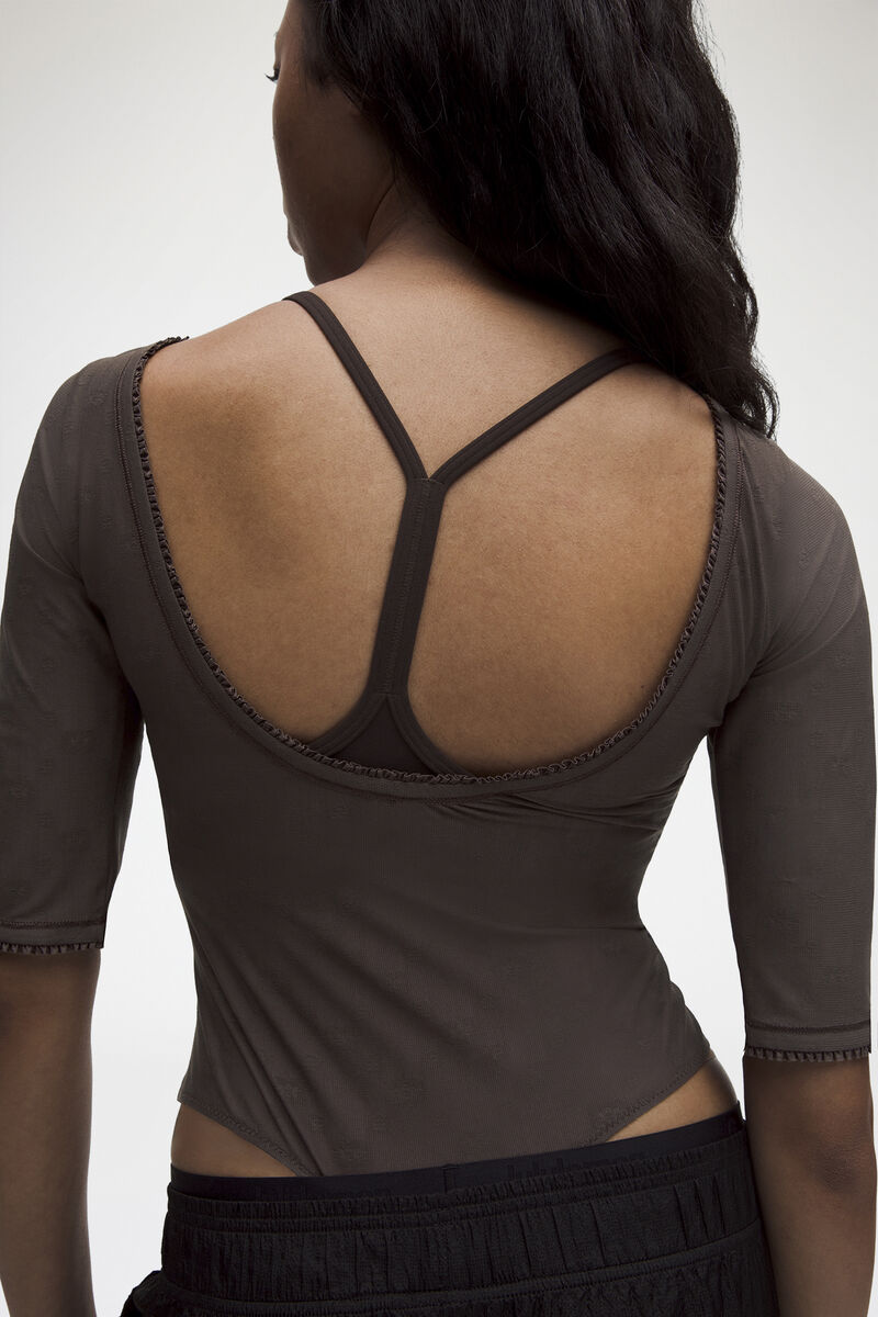 Jacquard Mesh Half-Sleeve Bodysuit, Recycled Polyamide, in colour Espresso - 3 - GANNI