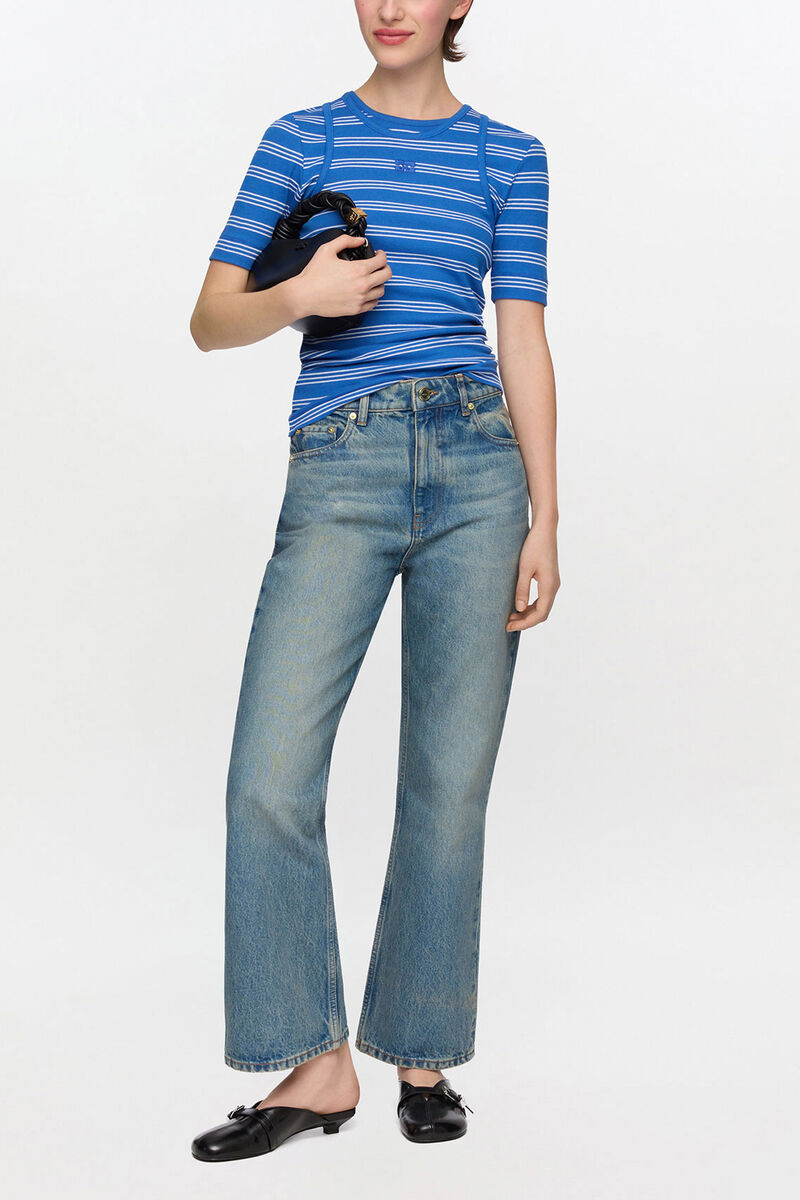 Betzy Cropped Jeans in Tint Rigid Denim, Organic Cotton, in colour Mid Blue Vintage - 1 - GANNI