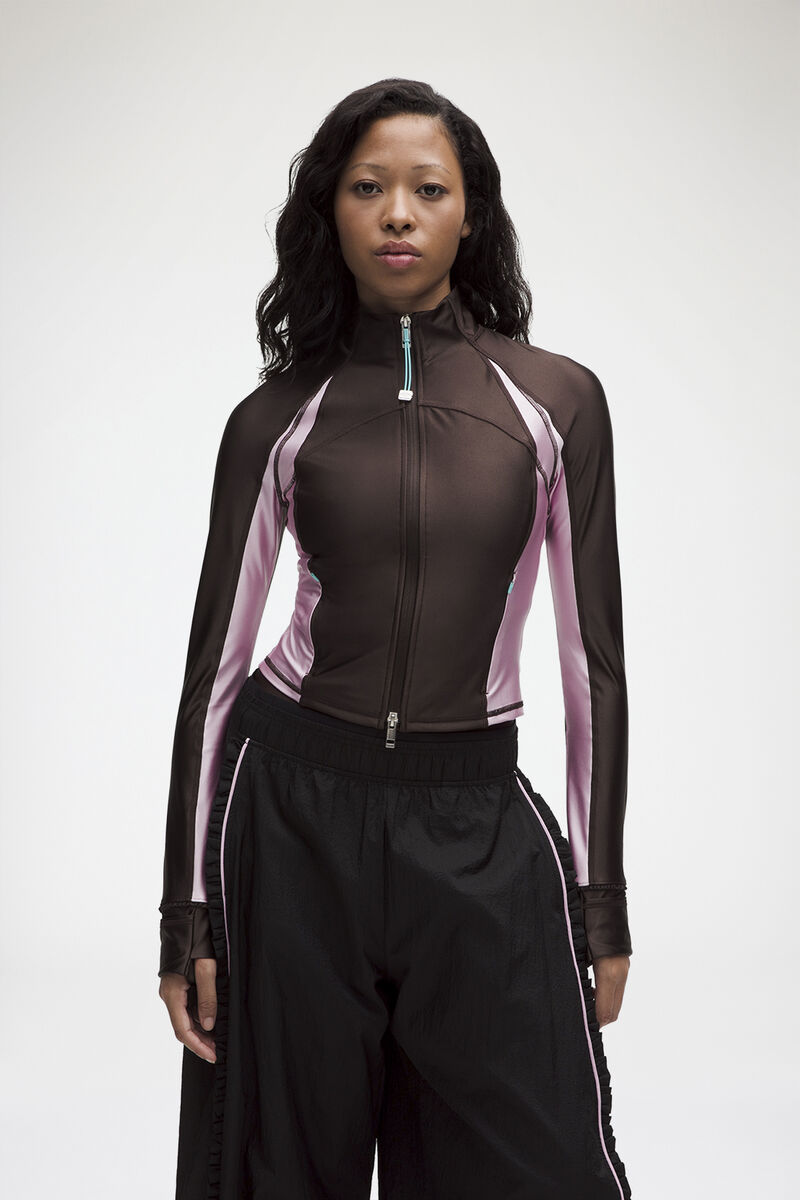 Define Ruffle-Trim Jacket in Brown, Recycled Polyamide, in colour Espresso - 1 - GANNI