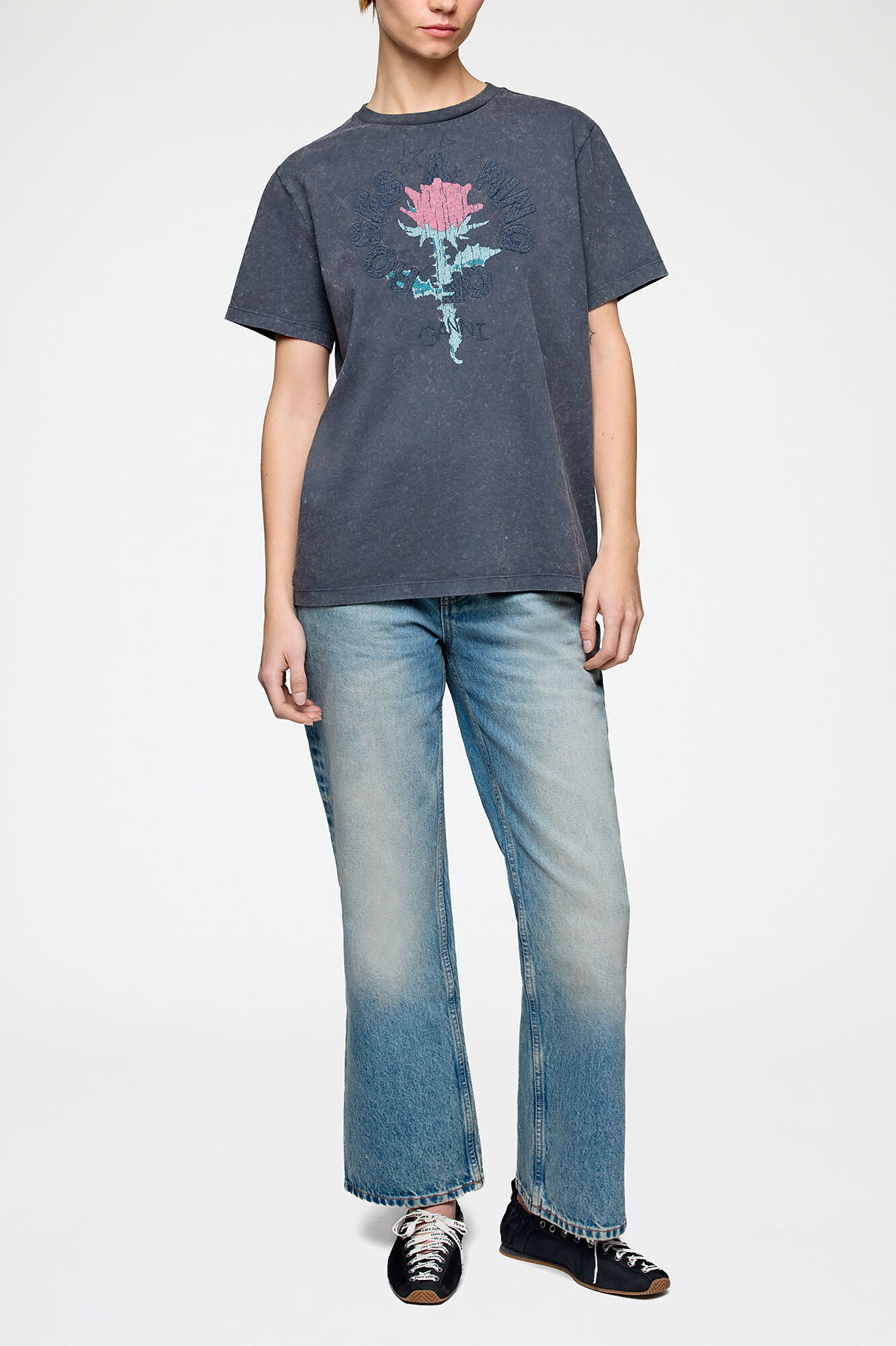 T-shirt with Rose, Recycled Cotton, in colour Phantom - 1 - GANNI