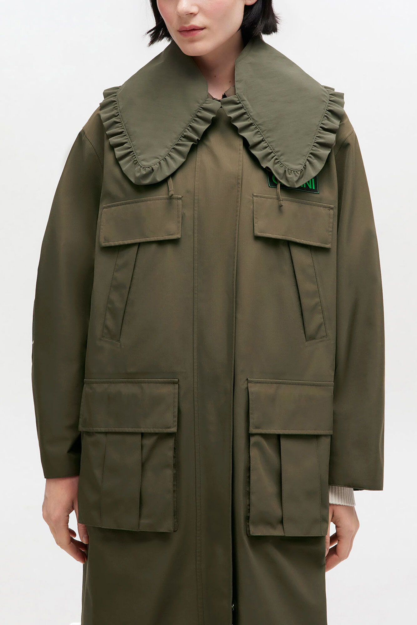 Long Coat in Green, Wool, in colour Kalamata - 4 - GANNI