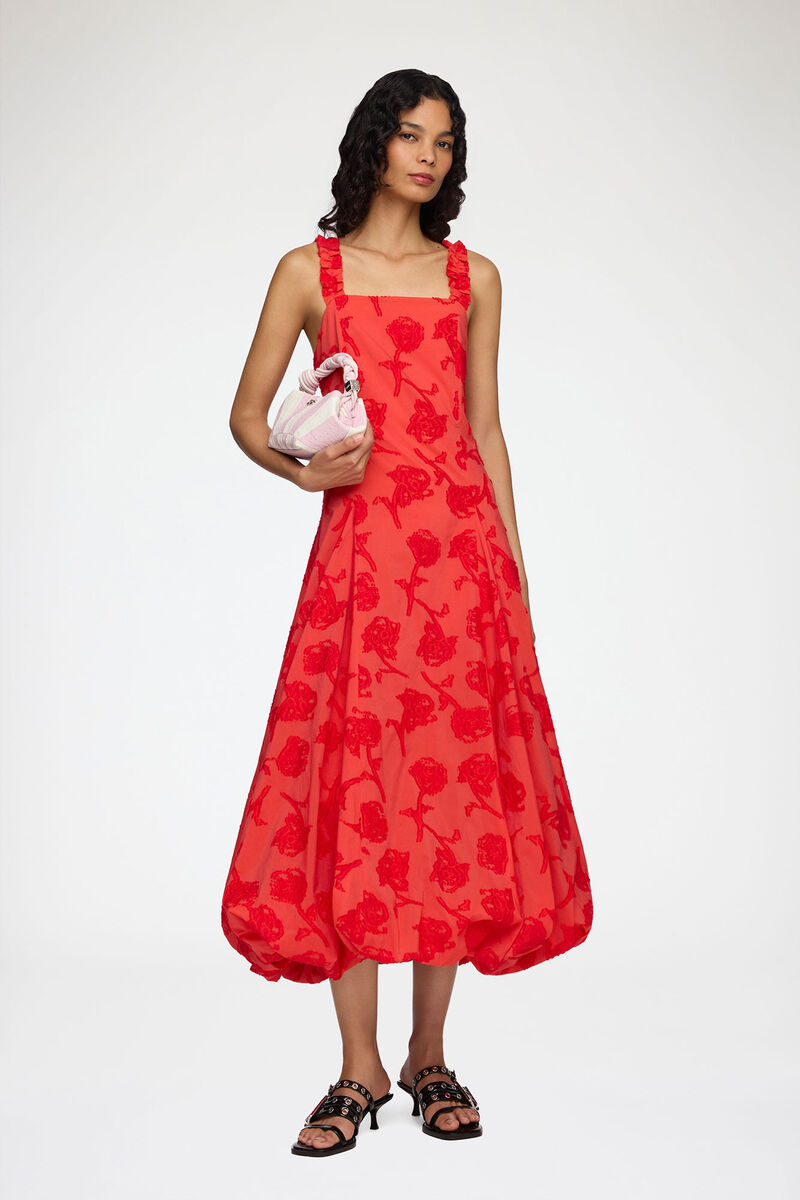 Dress in Red Fil Coupe, Recycled Cotton, in colour Fiery Red - 1 - GANNI