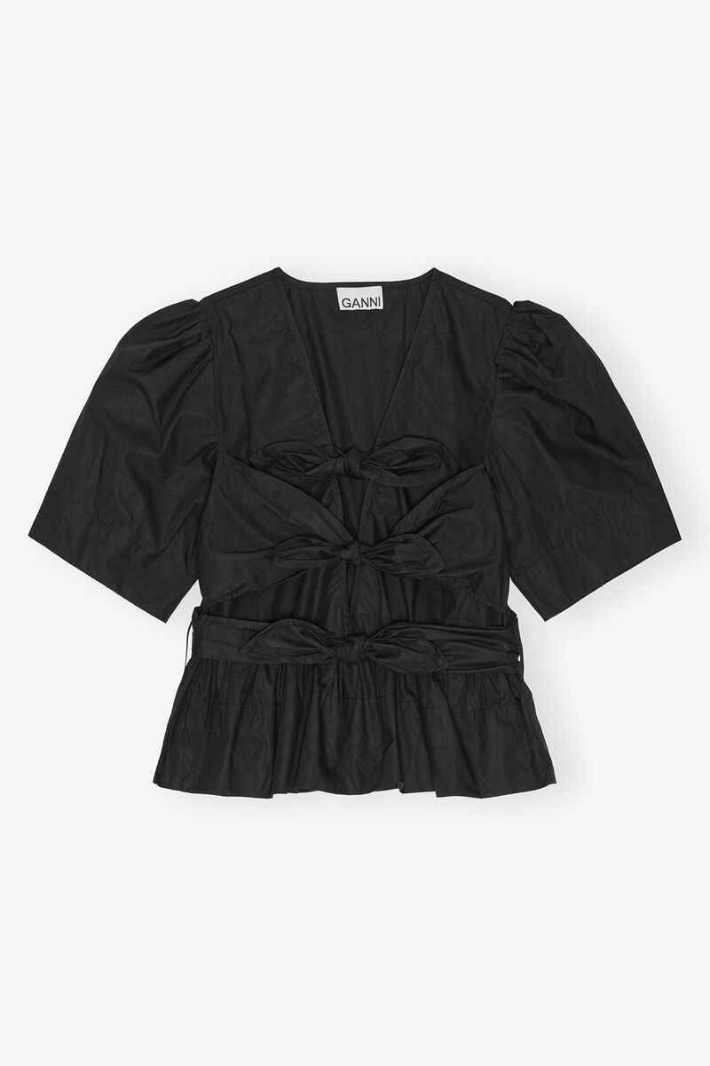 ブラック ストレッチコットン タイストラップ ブラウス, Organic Cotton, in colour Black - 1 - GANNI