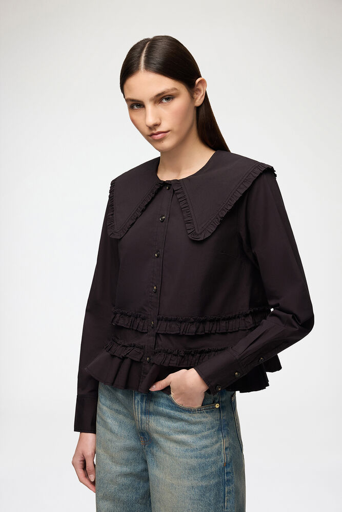 Stretch Cotton Ruffle Shirt, Black