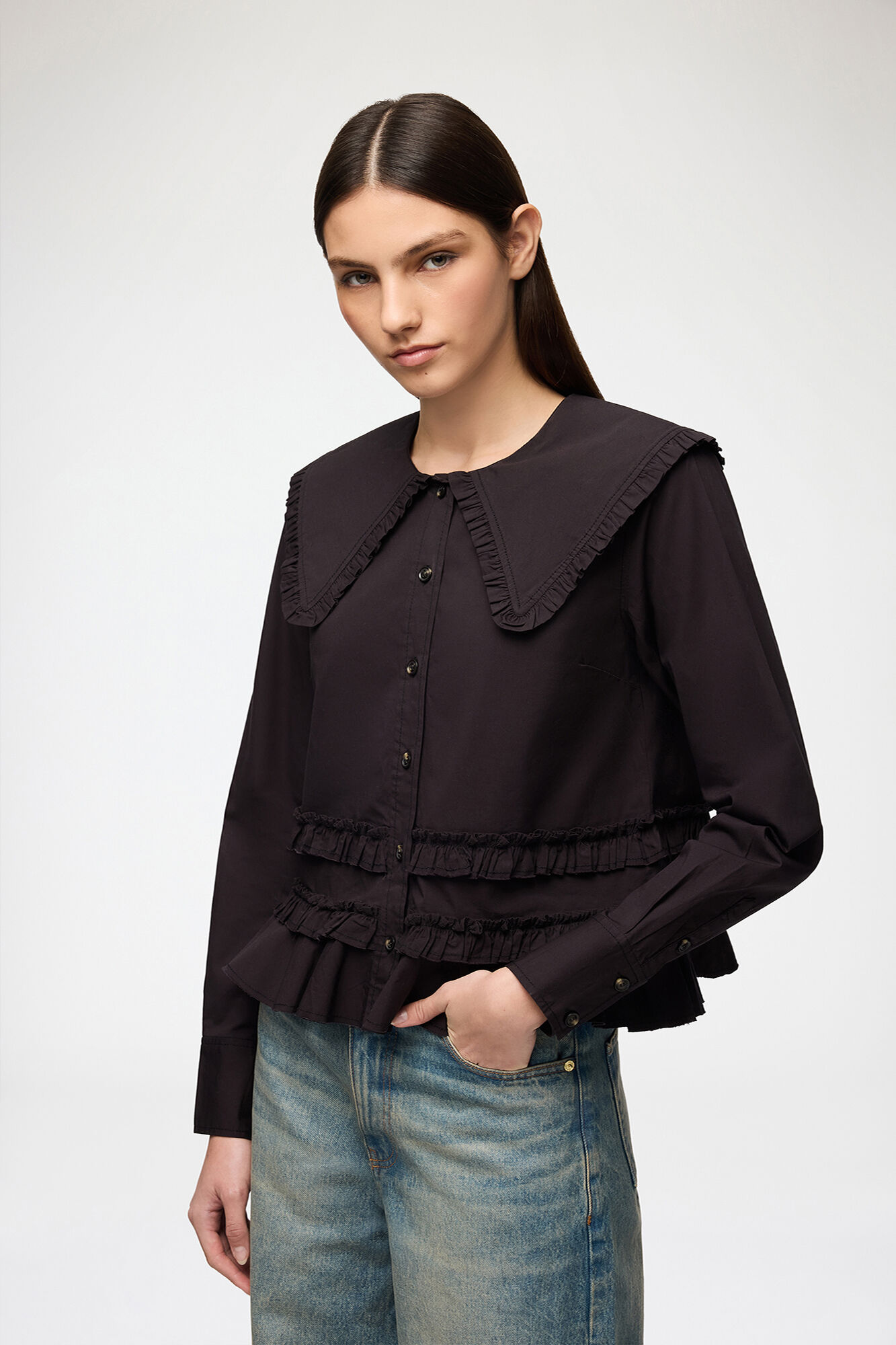 Rüschenhemd aus Stretch-Baumwolle, Organic Cotton, in colour Black - 1 - GANNI