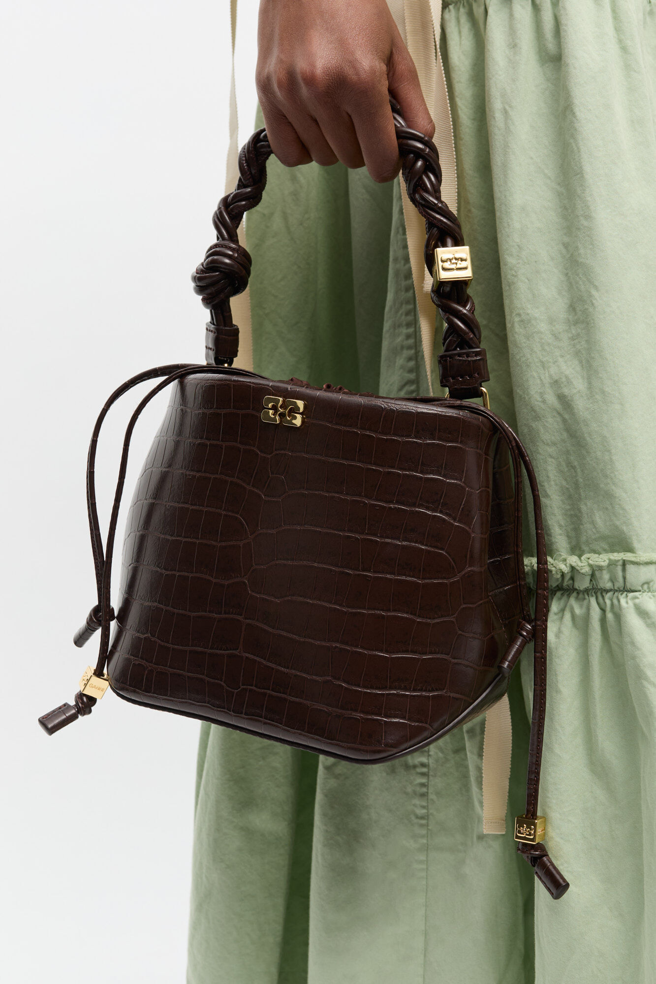 Chocolate Fondant Bou Bucket Bag in Brown Croco | GANNI US