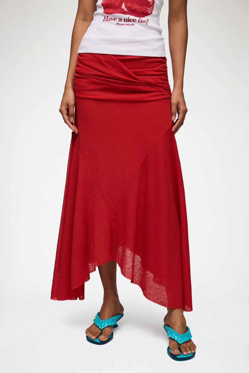 Lång kjol i röd marmoreringsmönstrad mesh, Recycled Polyester, in colour Goji Berry - 2 - GANNI