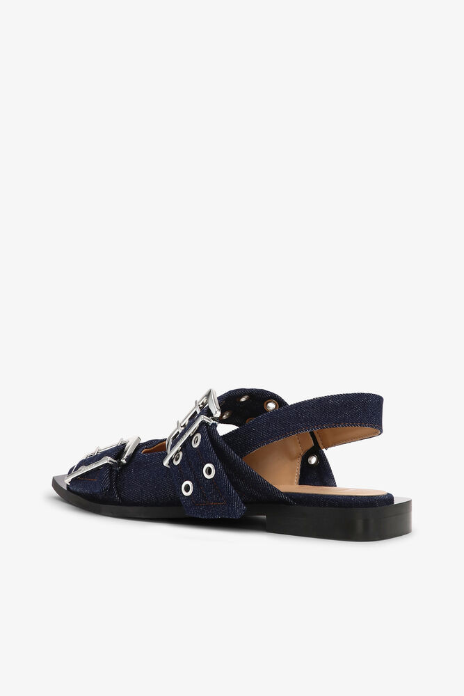 Denim Feminine Buckle Ballerinas, Dark Navy