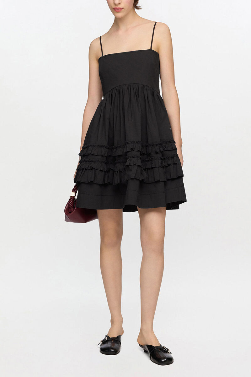Robe courte noire à volants, Organic Cotton, in colour Black - 1 - GANNI
