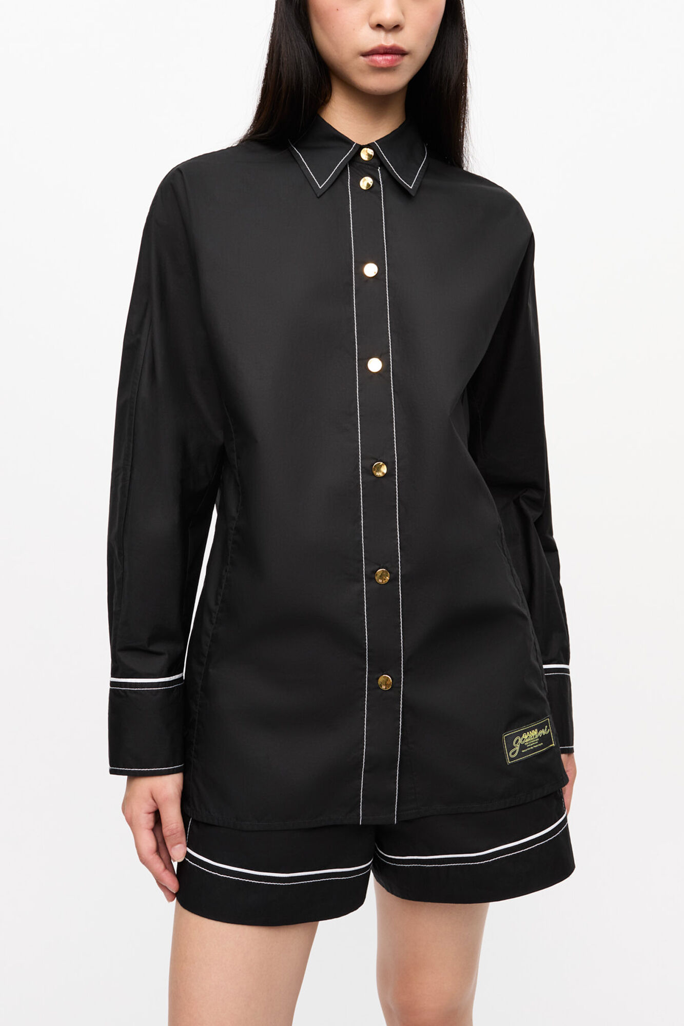 Black Cotton Poplin Raglan Shirt, Organic Cotton, in colour Black - 1 - GANNI