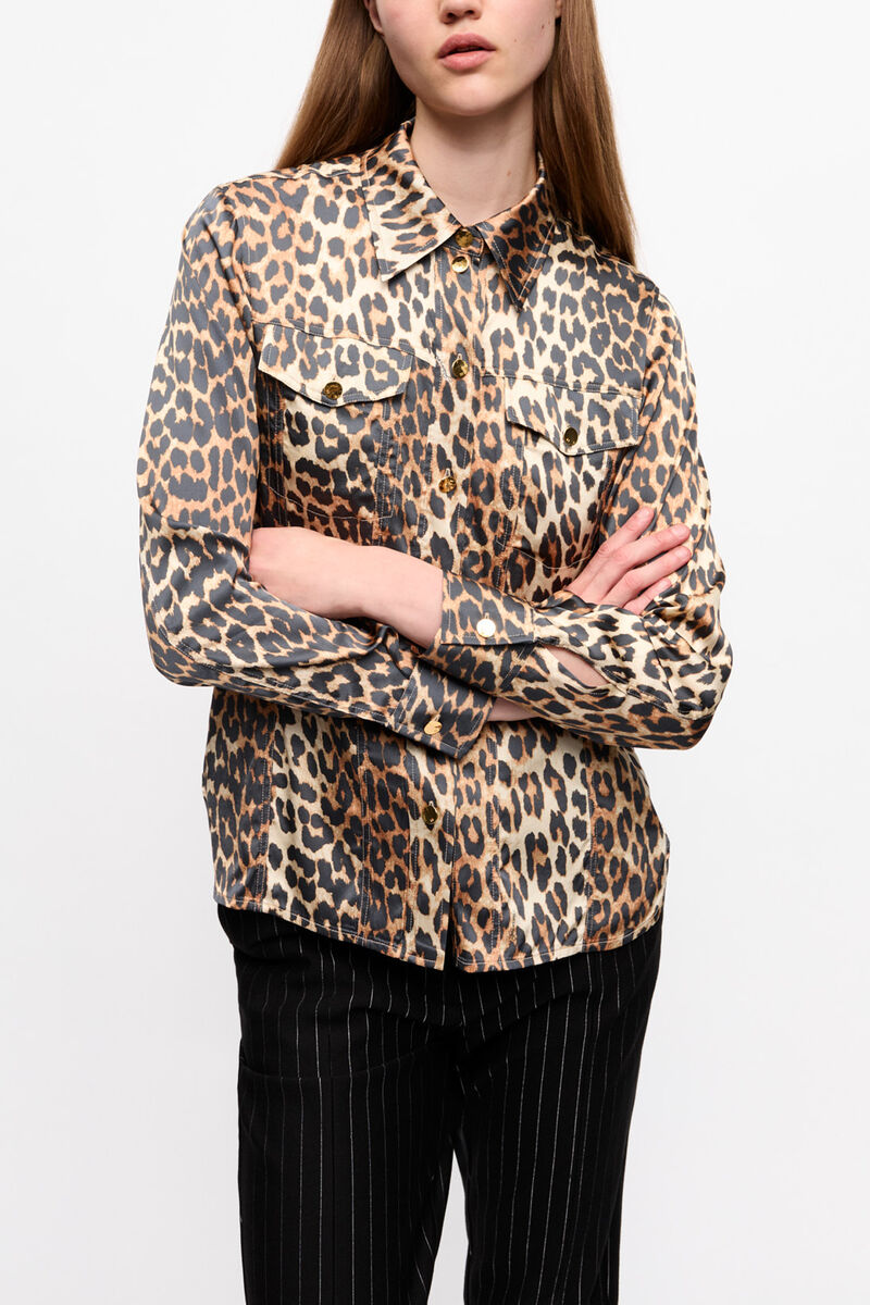 Leopard Print Satin Shirt, Viscose, in colour Leopard - 1 - GANNI