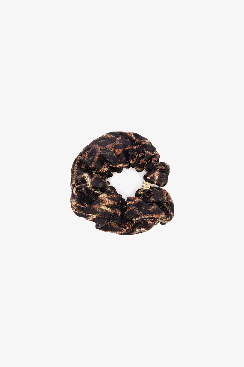 Metallic Printed Scrunchie, Recycled Polyester, in colour Khaki - 1 - GANNI