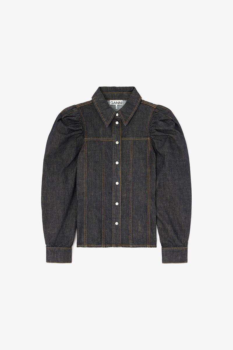 Shirt in Textured Slub Denim, Recycled Cotton, in colour Rinse - 1 - GANNI