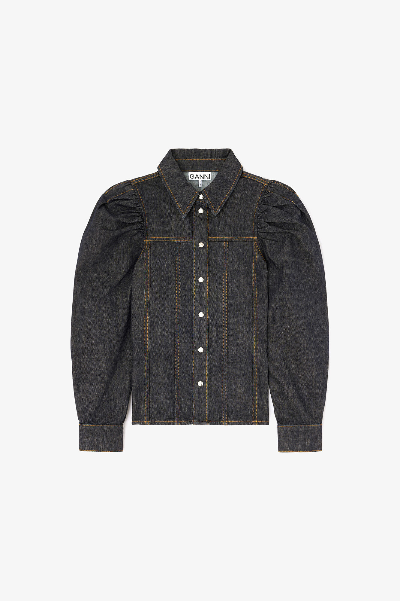 Shirt in Textured Slub Denim, Recycled Cotton, in colour Rinse - 1 - GANNI