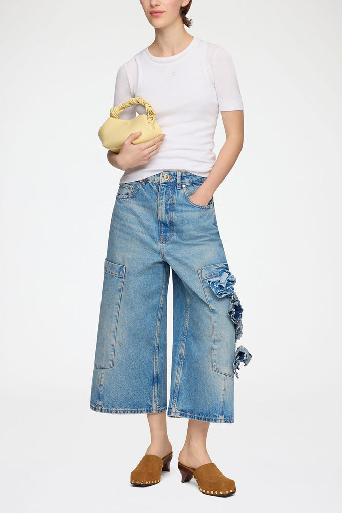 Baggy croppade jeans i styv denim, Mid Blue Stone