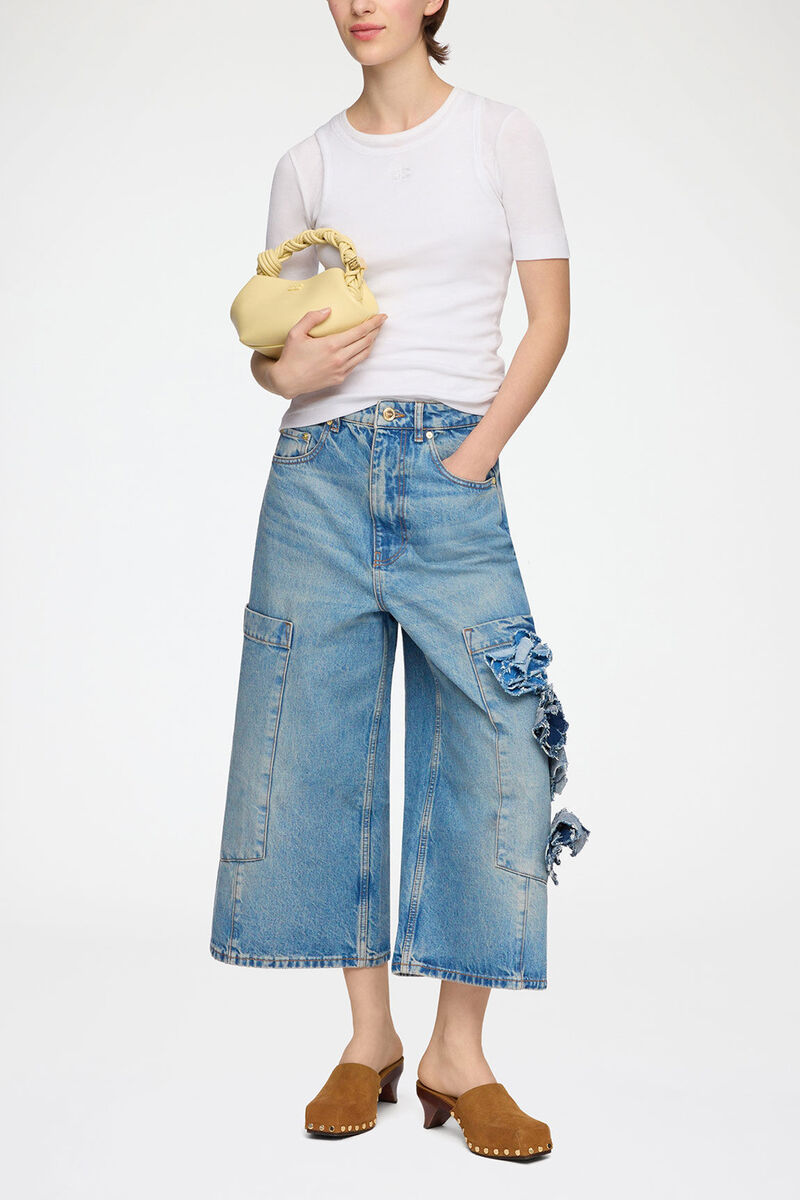 Baggy Cropped Jeans in Flower Print Denim, Organic Cotton, in colour Mid Blue Stone - 1 - GANNI