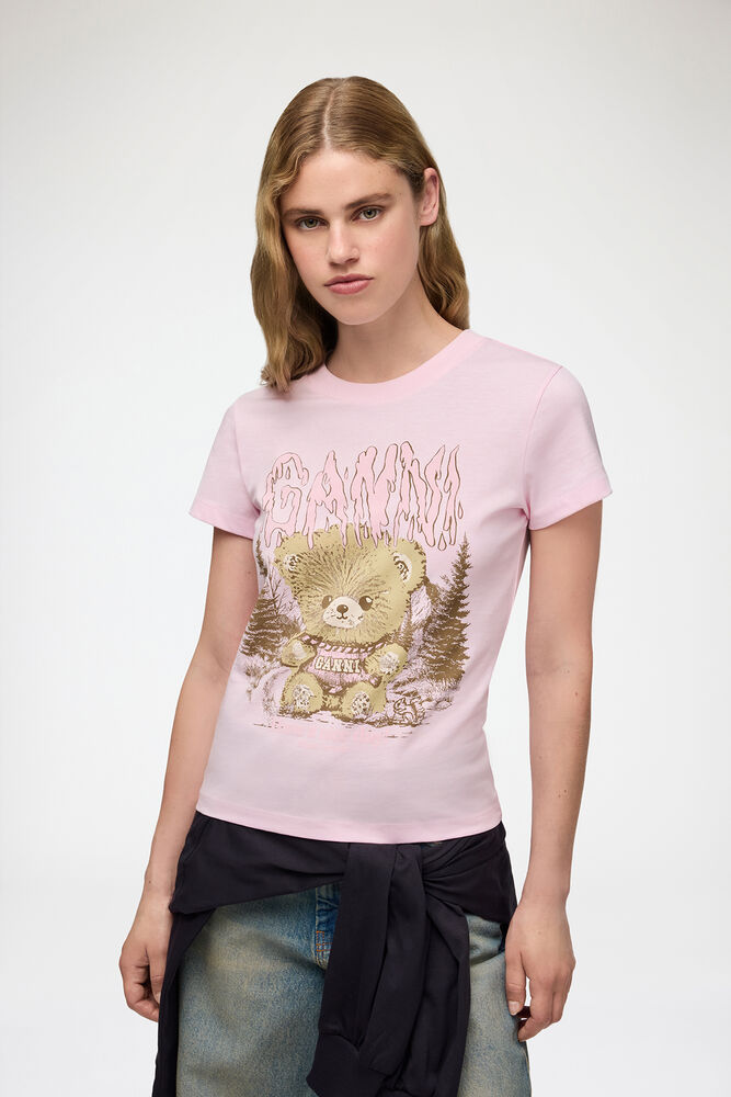 Baby Fit T-shirt with Forest Teddy, Chalk Pink