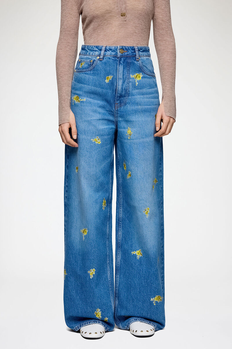 Lari Jeans Wide in Printed Denim, Organic Cotton, in colour Light Blue Vintage - 2 - GANNI