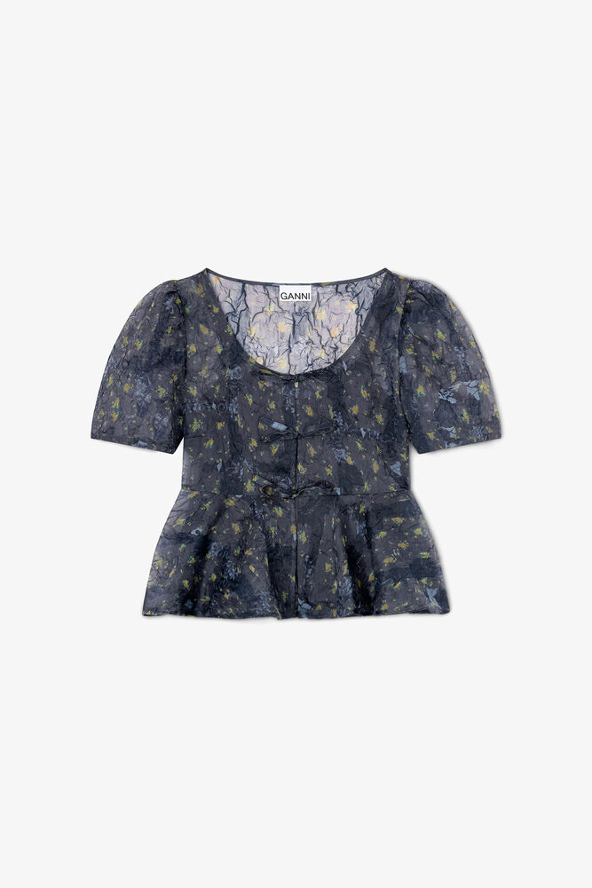 Peplum Blouse in Shibori Organza, Black Sand