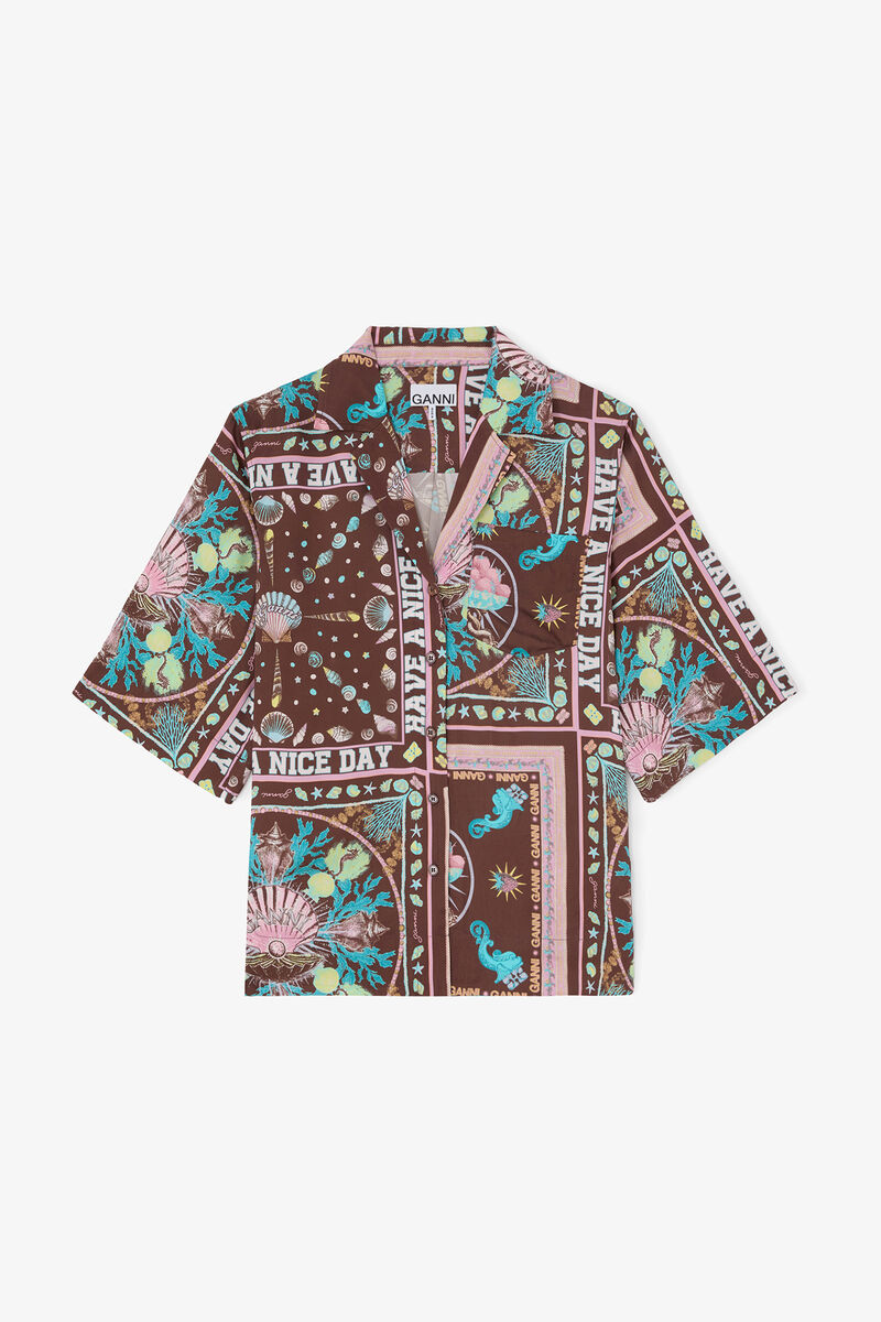 Shirt in Printed Twill, Viscose, in colour Chicory Coffee - 1 - GANNI